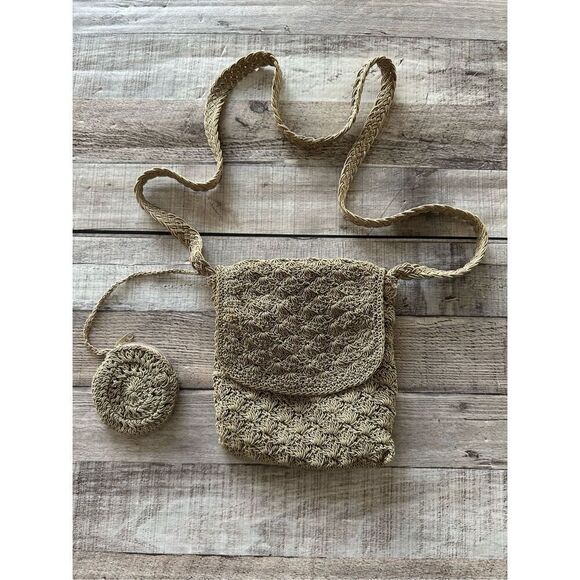 Vintage Handmade Crochet Tan Zipped Hobo Crossbody Bag - Picture 1 of 7
